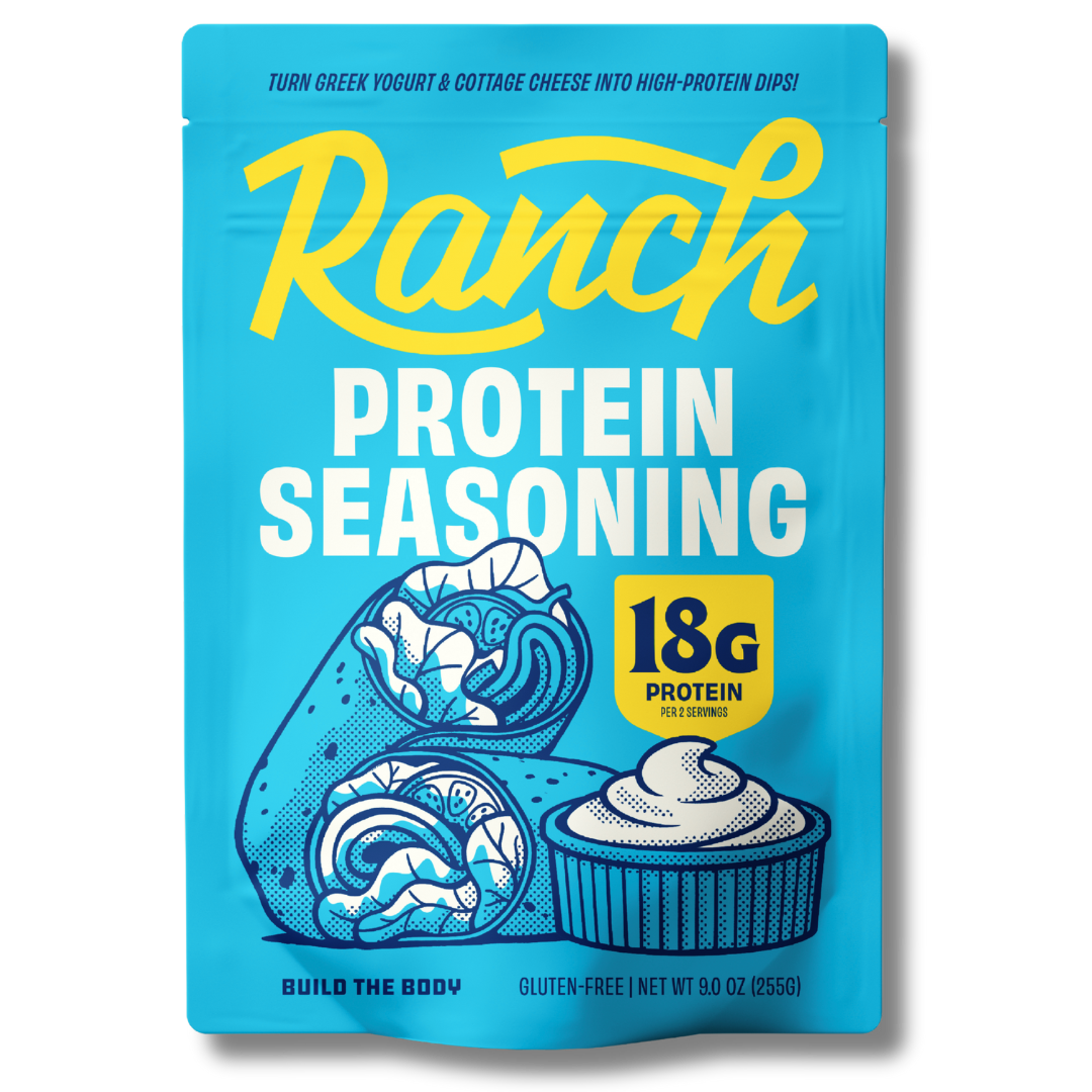 Blue package of Ranch Protein Seasoning with illustrations of wraps and a cupcake.