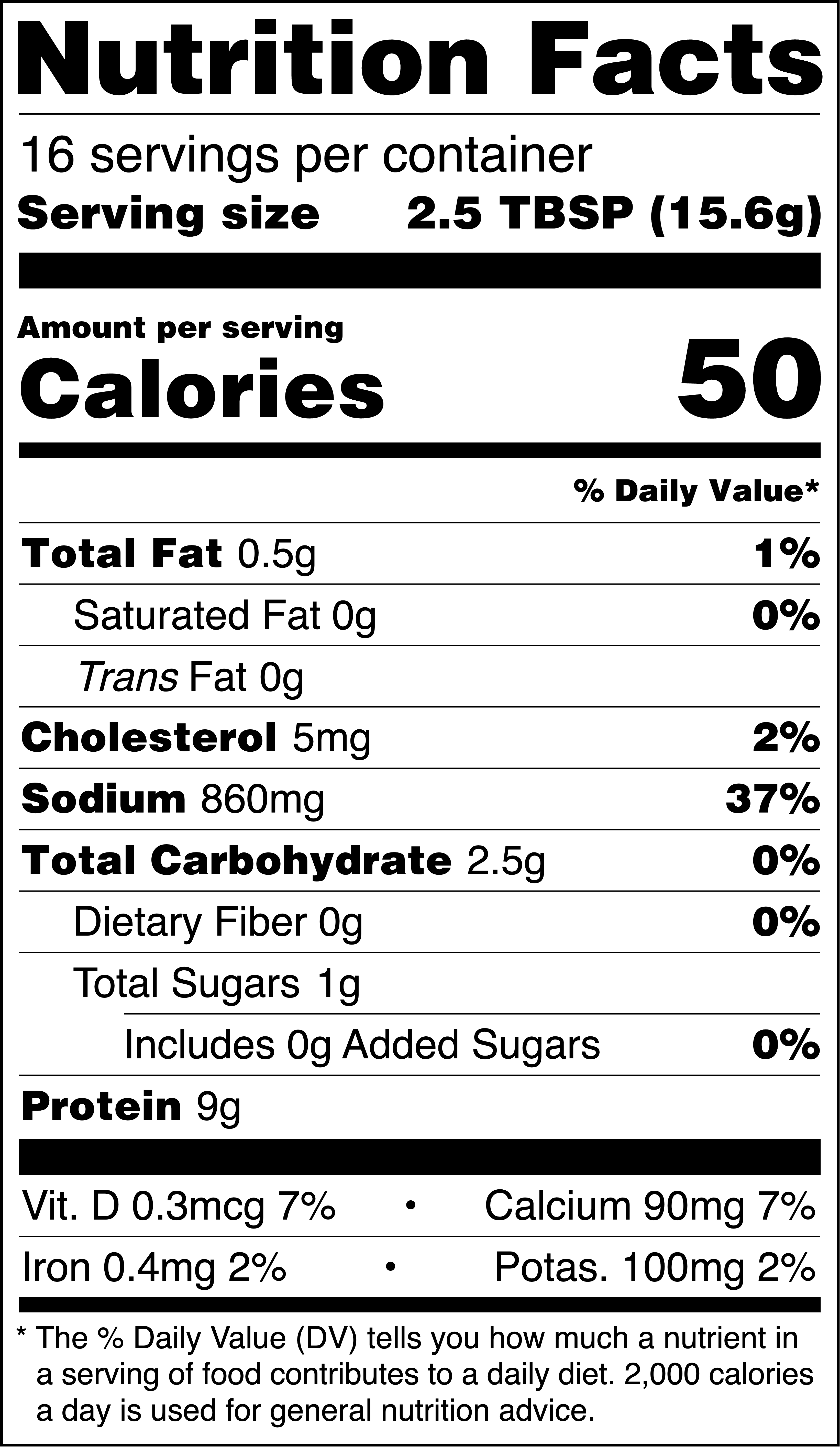 Nutrition facts label showing calories, fat, cholesterol, sodium, carbohydrates, and protein per serving.