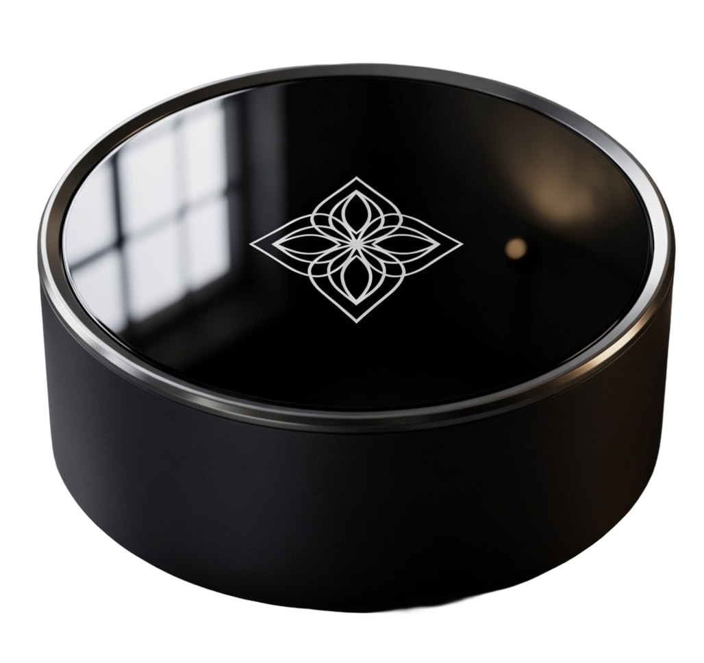 A small, black cylindrical device with a glossy top featuring a silver trim and a white geometric logo.