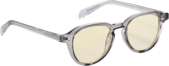A pair of clear-framed eyeglasses with yellow-tinted lenses, shown at an angle on a white background.