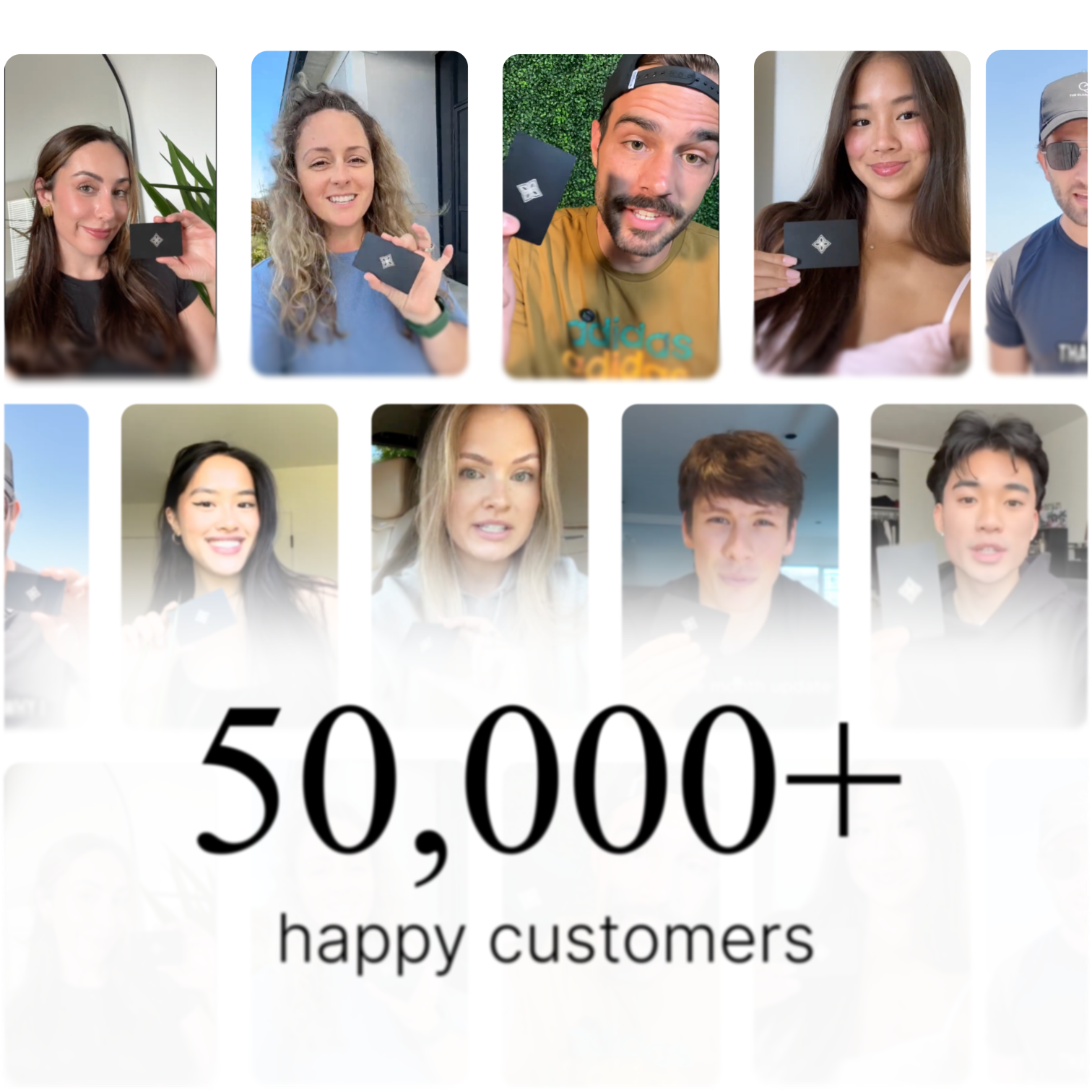 A collage of photos of people holding a product, with text that reads '50,000+ happy customers'.