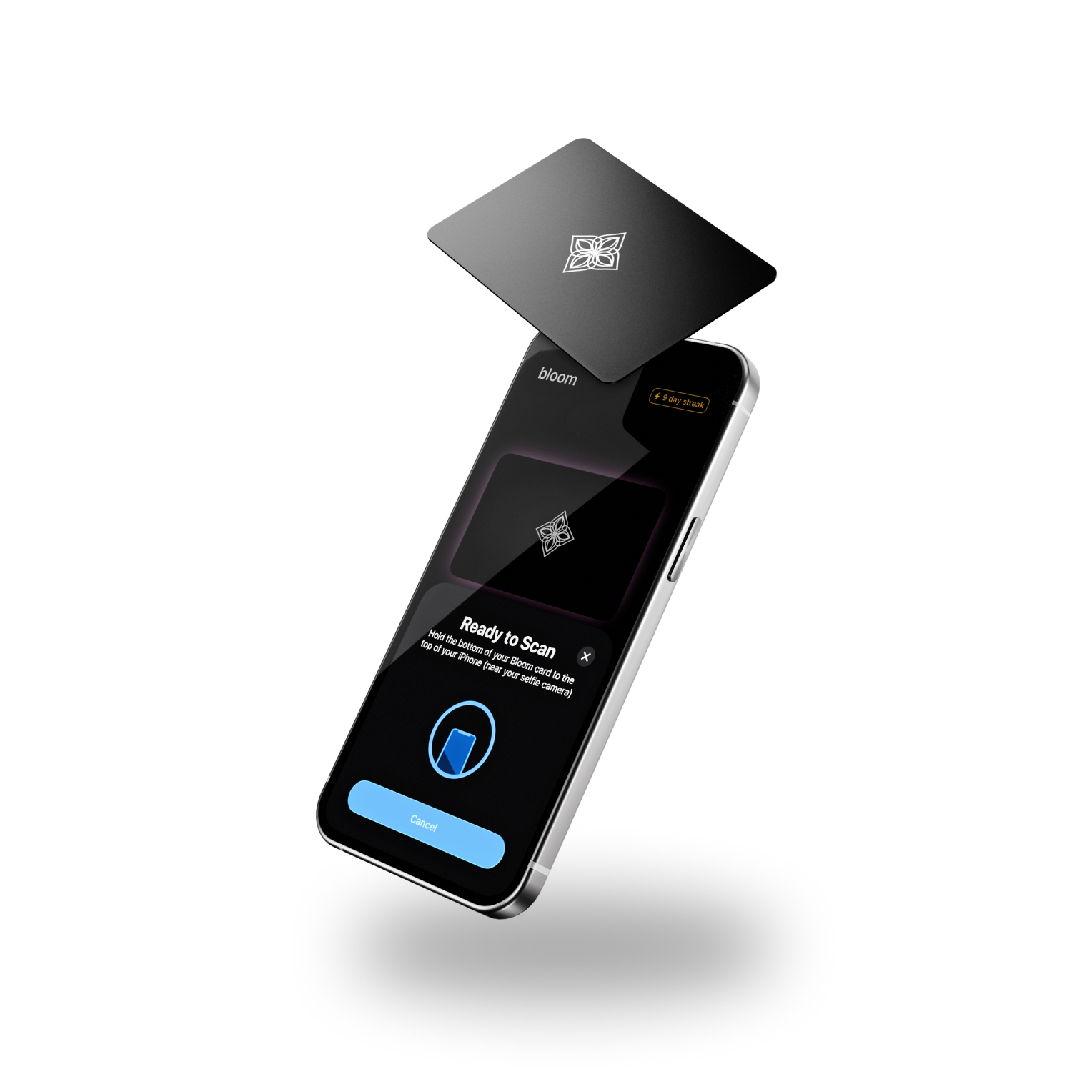 A smartphone showing a 'Ready to Scan' prompt with a black card held over it.