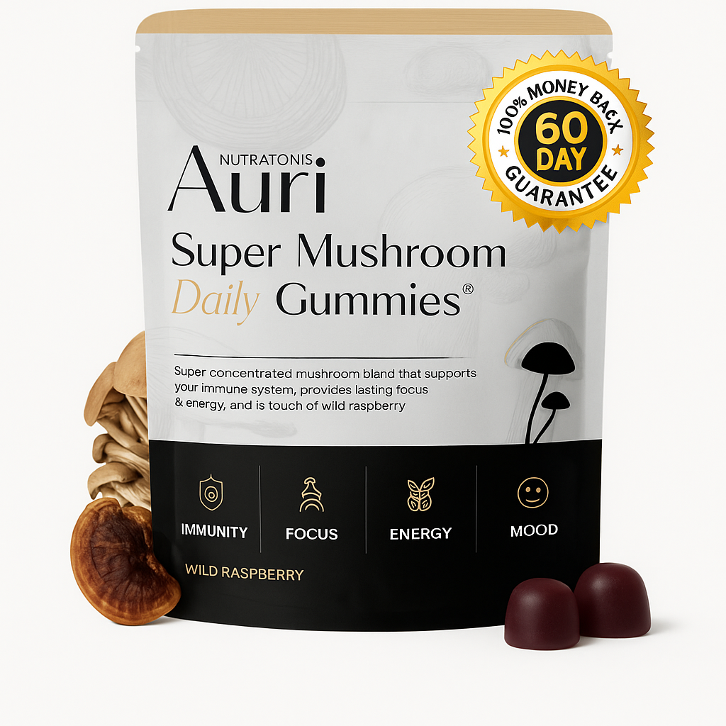 Pack of Super Mushroom Daily Gummies with mushrooms and red gummies displayed.