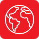White globe icon on a red background.