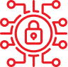 Red padlock icon with circuit lines on a white background.