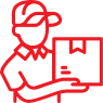Red outline of a delivery person holding a package.