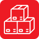Icon of three stacked boxes on a red background.