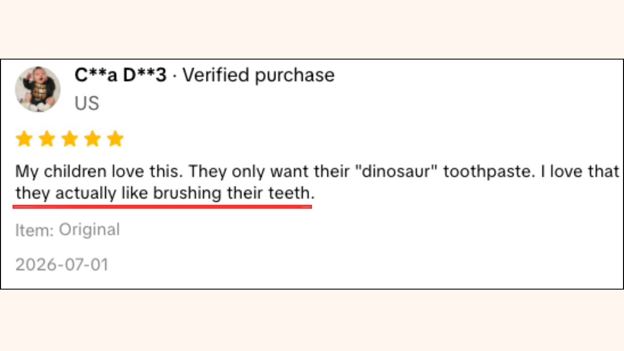 A screenshot of a five-star customer review for a children's toothpaste.