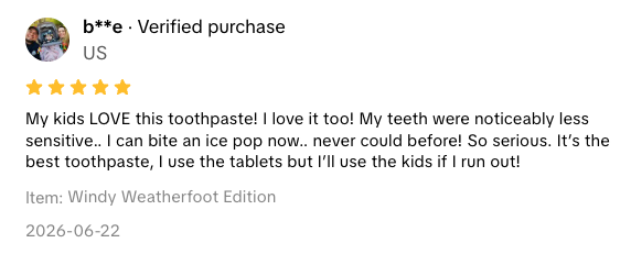 A screenshot of a five-star customer review for Windy Weatherfoot Edition toothpaste.