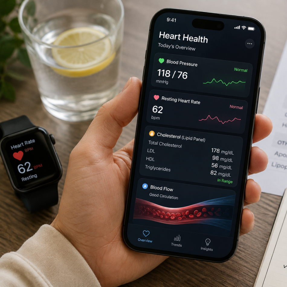 A person holding a smartphone with a heart health app open, with a smartwatch on the table.