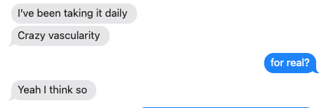 Text message conversation about daily intake and vascularity.
