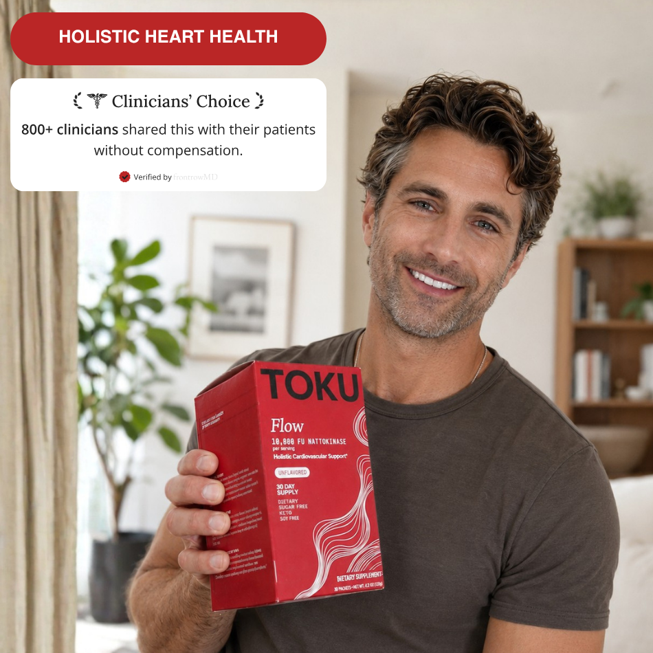 A smiling man with salt-and-pepper hair holds up a red box of Toku Flow dietary supplement.