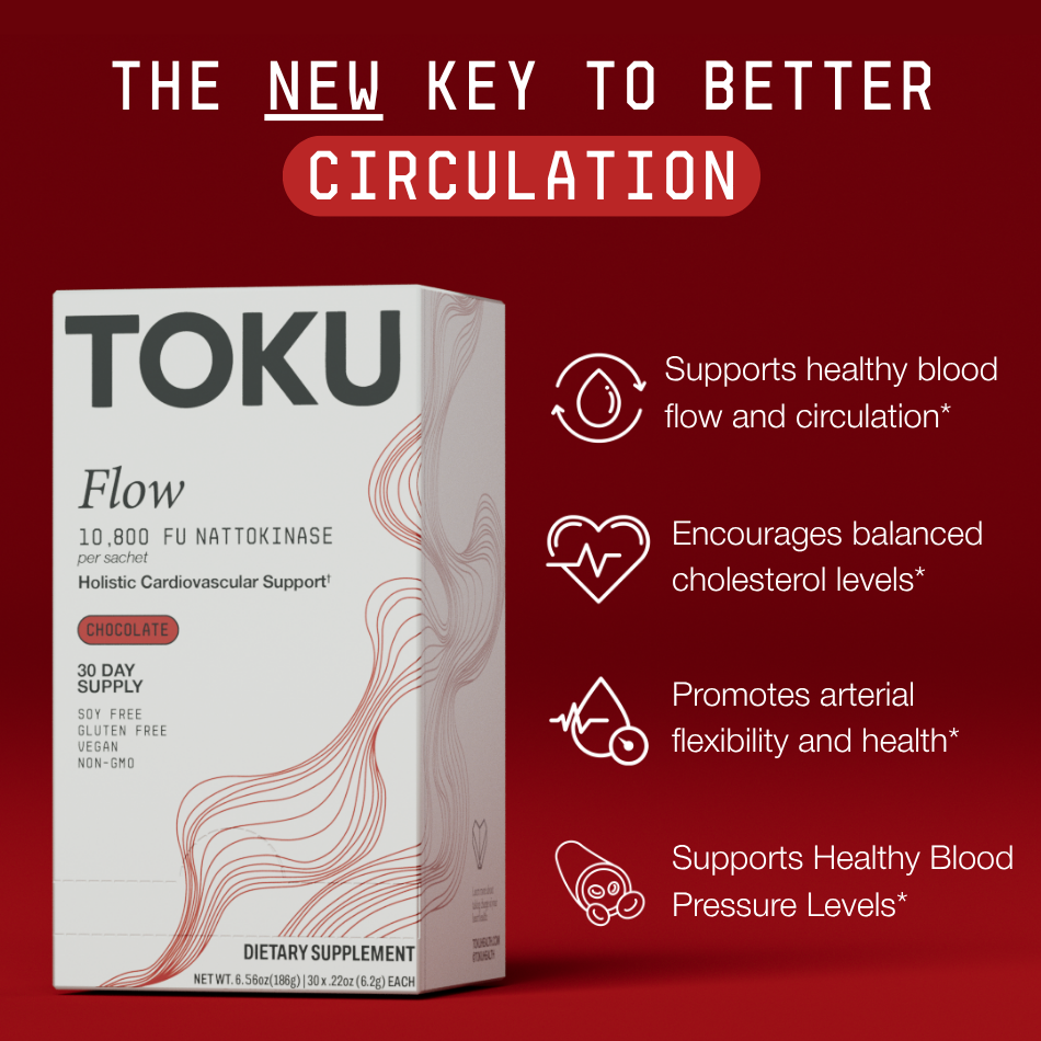 An advertisement for Toku Flow dietary supplement, showing the box and listing benefits for better circulation and cardiovascular support.