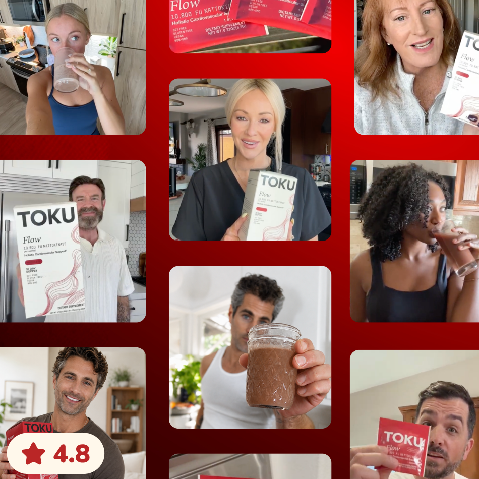 A collage of diverse people holding and drinking the TOKU Flow dietary supplement.