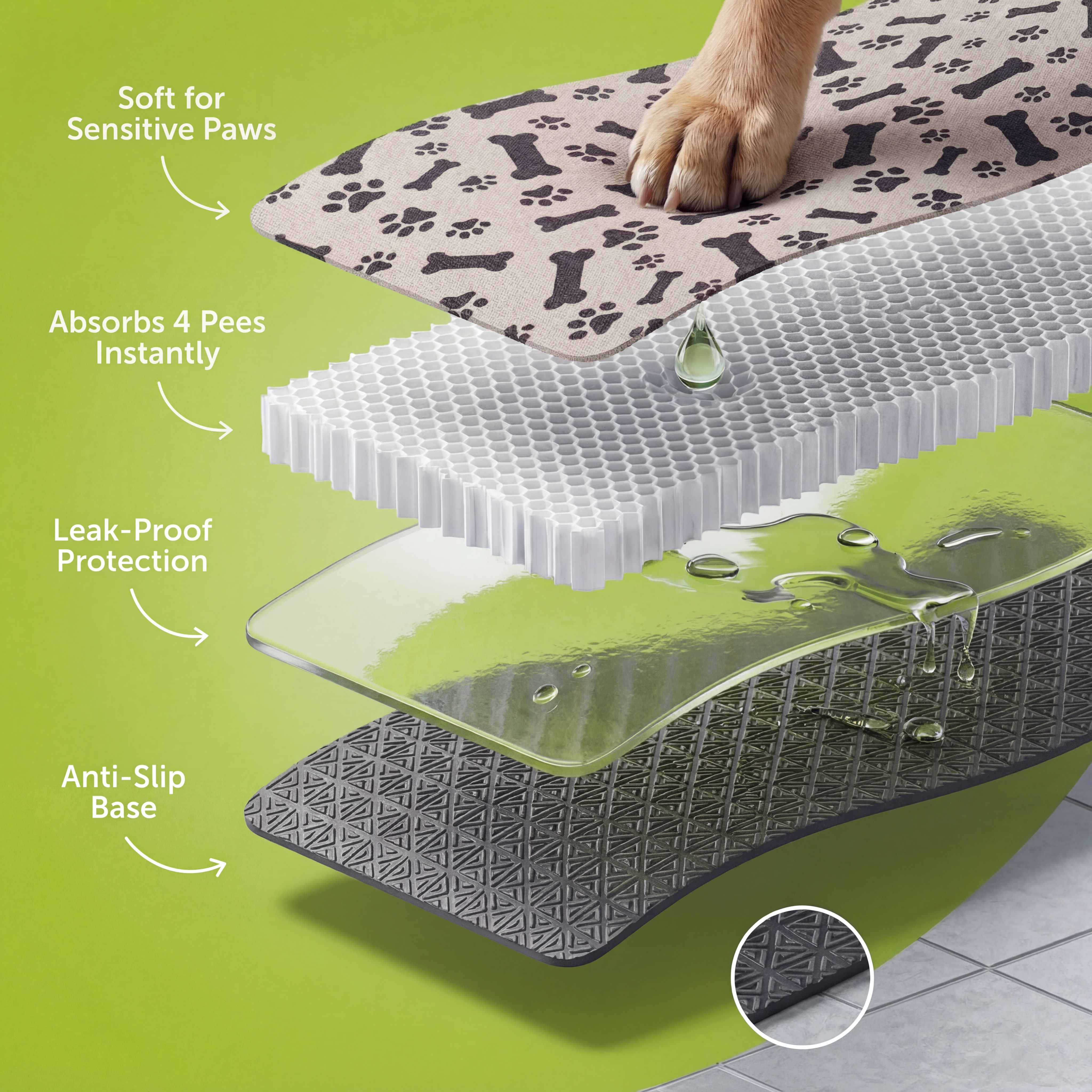 Illustration of a multi-layered pet pad with text annotations and a dog paw.