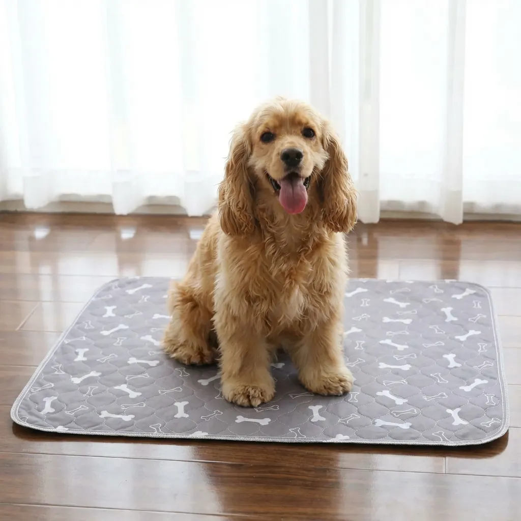 A fluffy dog sitting on a patterned mat indoors.