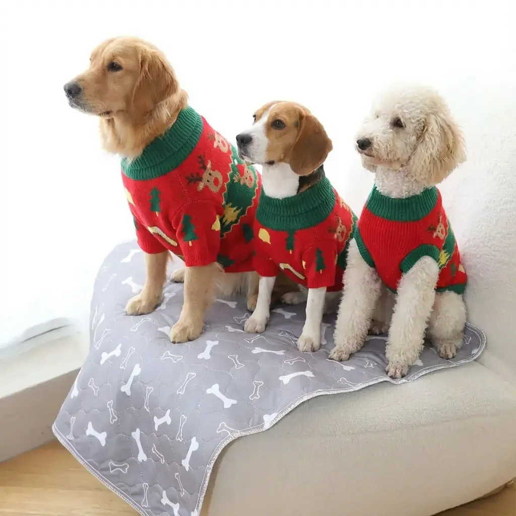 Three dogs in Christmas sweaters sitting on a blanket covered bench.