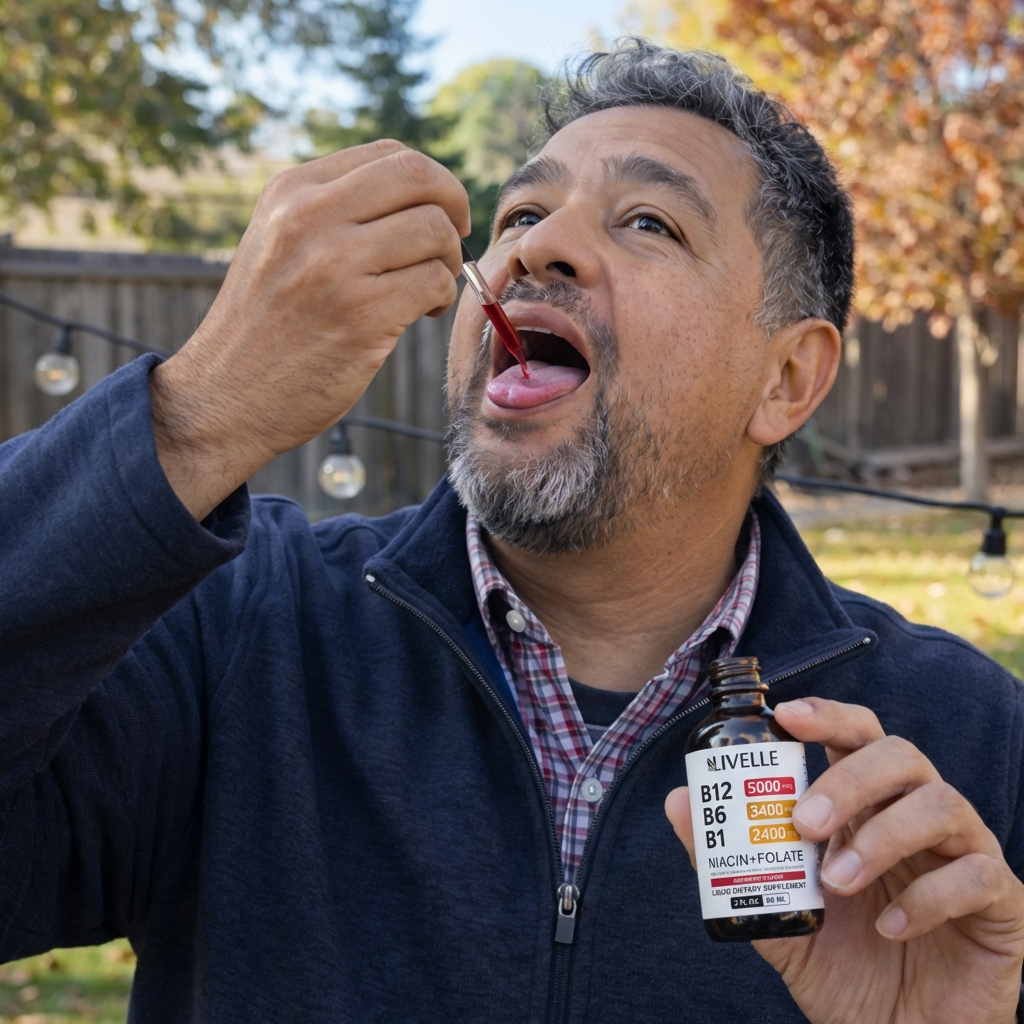 A man holds a bottle of vitamin supplement while using a dropper to put red liquid on his tongue.