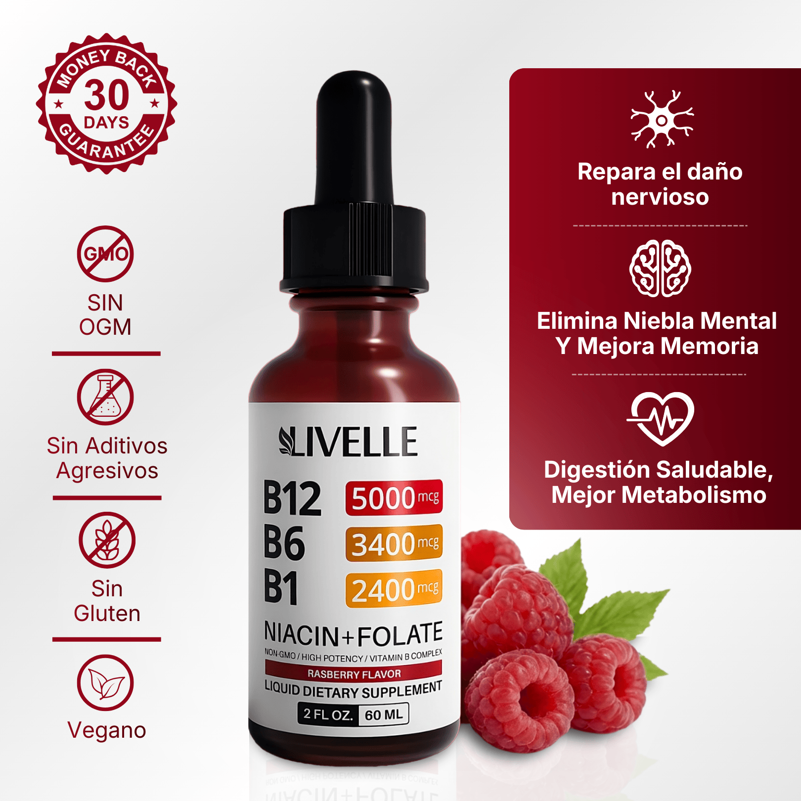 A bottle of Livelle raspberry-flavored liquid dietary supplement next to fresh raspberries and informational text.