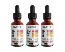 Three identical brown dropper bottles of Nuvelle vitamin B complex liquid supplement against a white background.