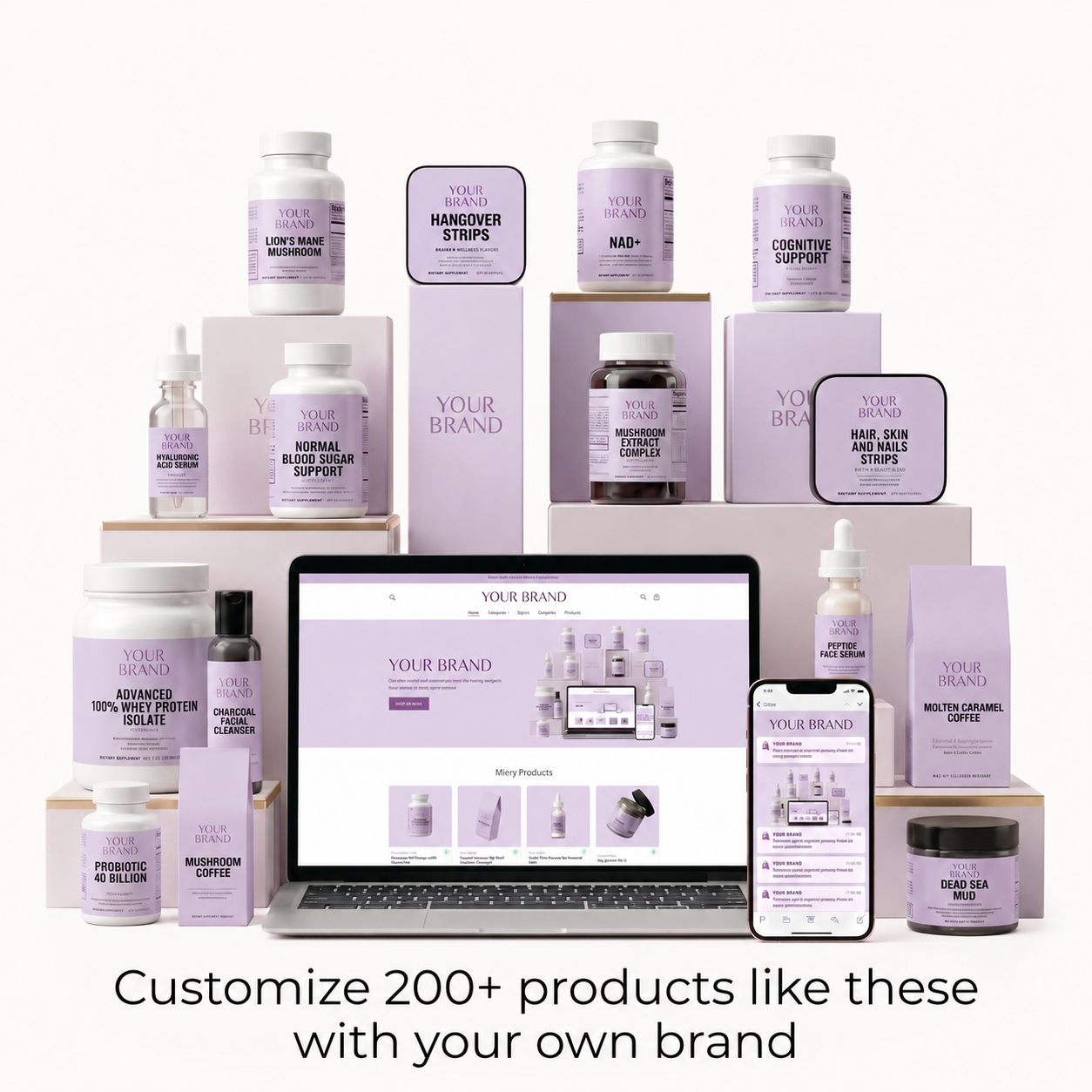 An assortment of customizable wellness products with 'YOUR BRAND' labels, displayed around a laptop and phone.