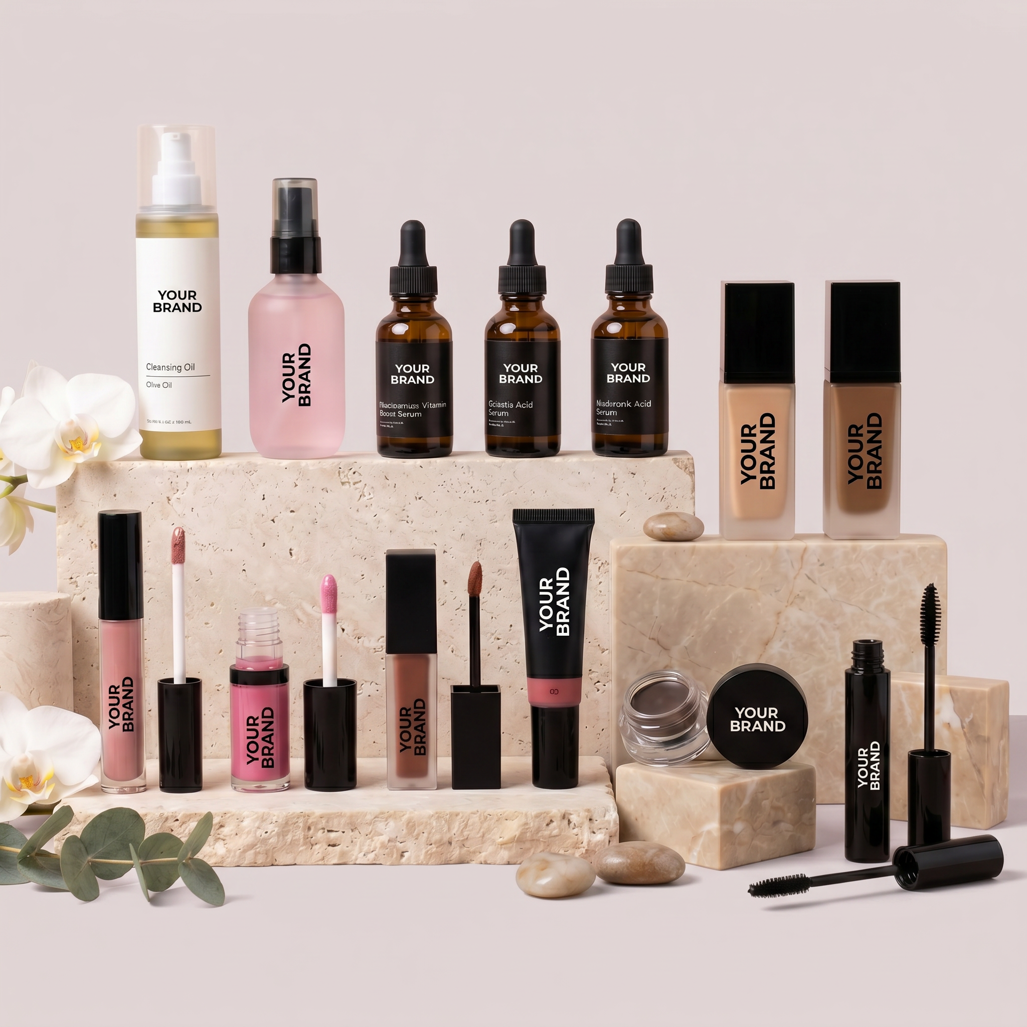 An arrangement of placeholder skincare and cosmetic products displayed on stone blocks with floral accents.