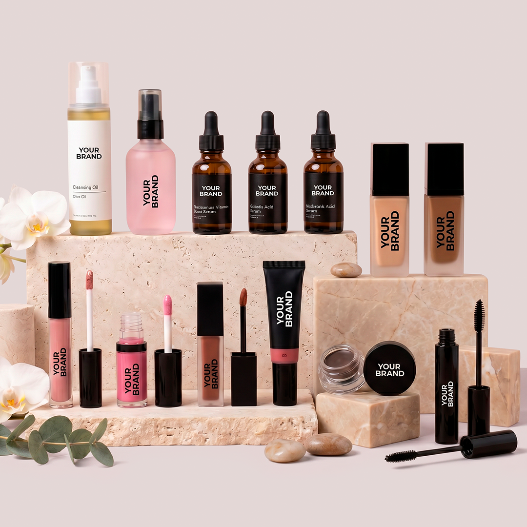An arrangement of placeholder skincare and cosmetic products displayed on stone blocks with floral accents.