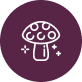 White mushroom icon with sparkles on a purple circular background.