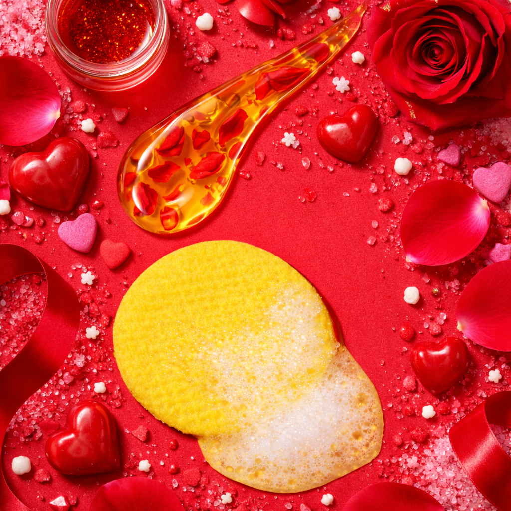 A flat lay of a yellow foamy disc, red hearts, rose petals, and glitter on a red background.