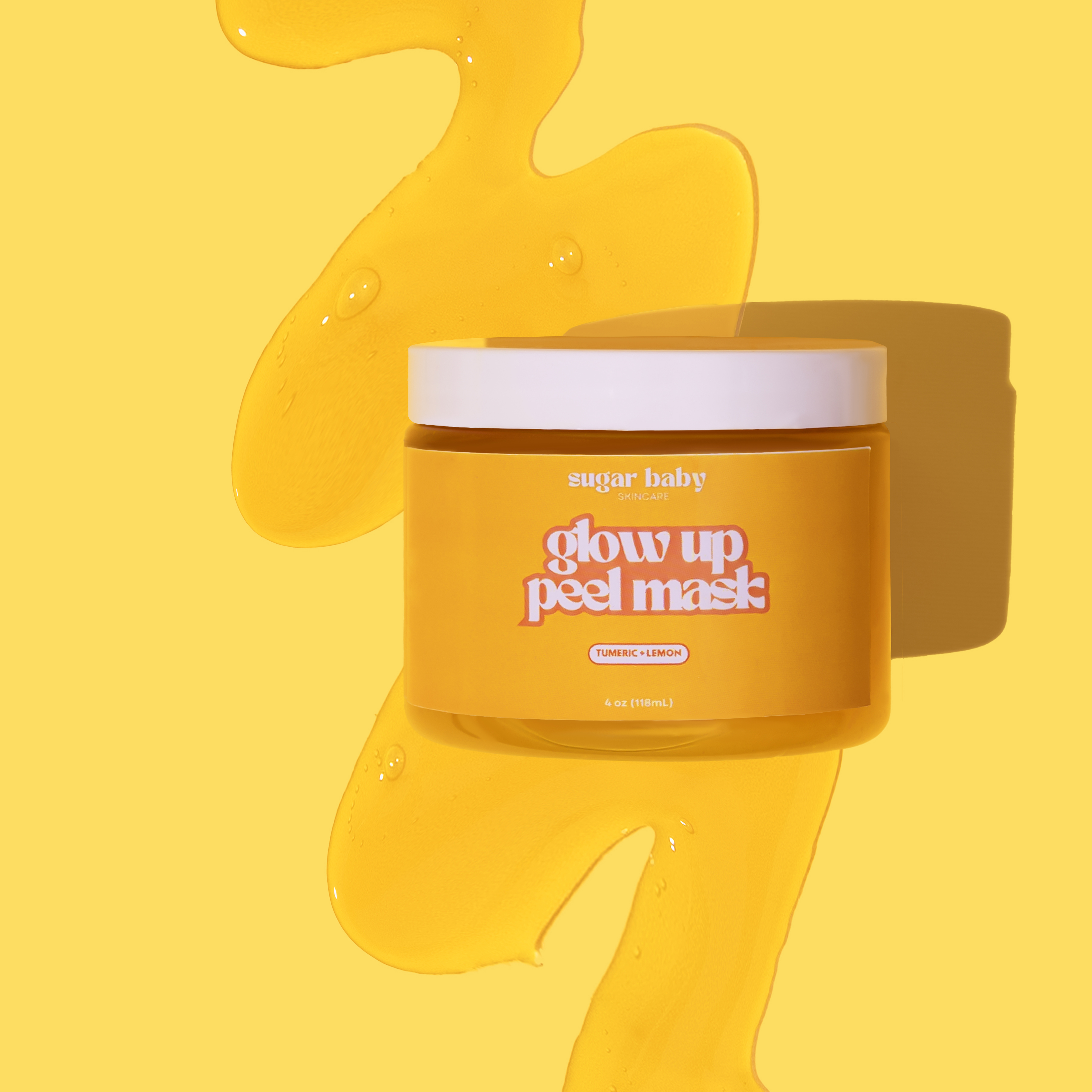 Yellow jar of glow up peel mask on matching background.