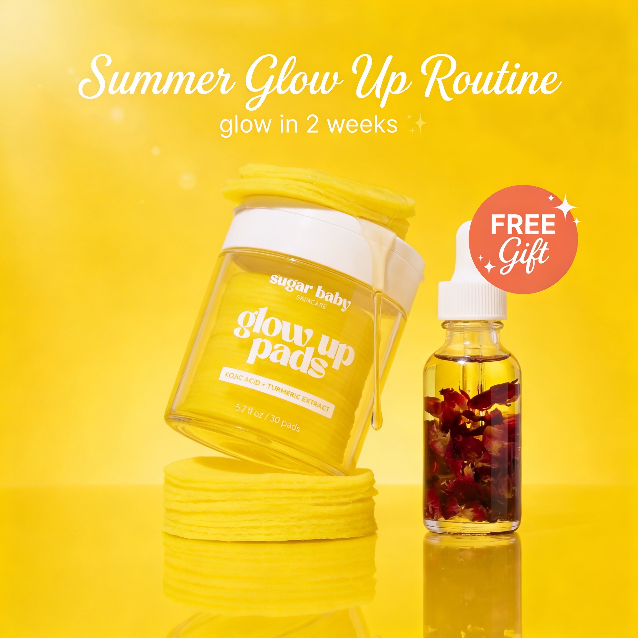 Sugar Baby Skincare's 'glow up pads' and a dropper bottle of oil on a bright yellow background.