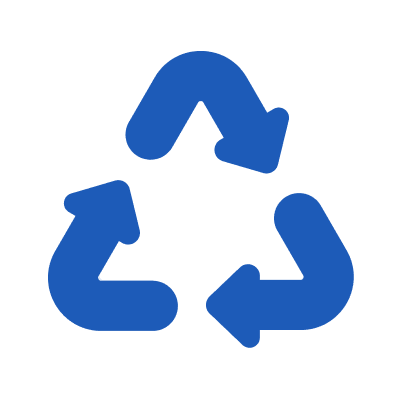 A blue recycling symbol with three chasing arrows on a white background.