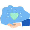 An illustration of a hand holding a glowing, light green heart inside a blue, cloud-like shape.