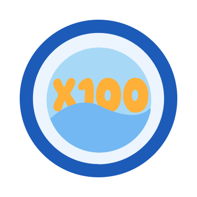 A blue circular icon with orange text 'X100' floating above a blue wave.