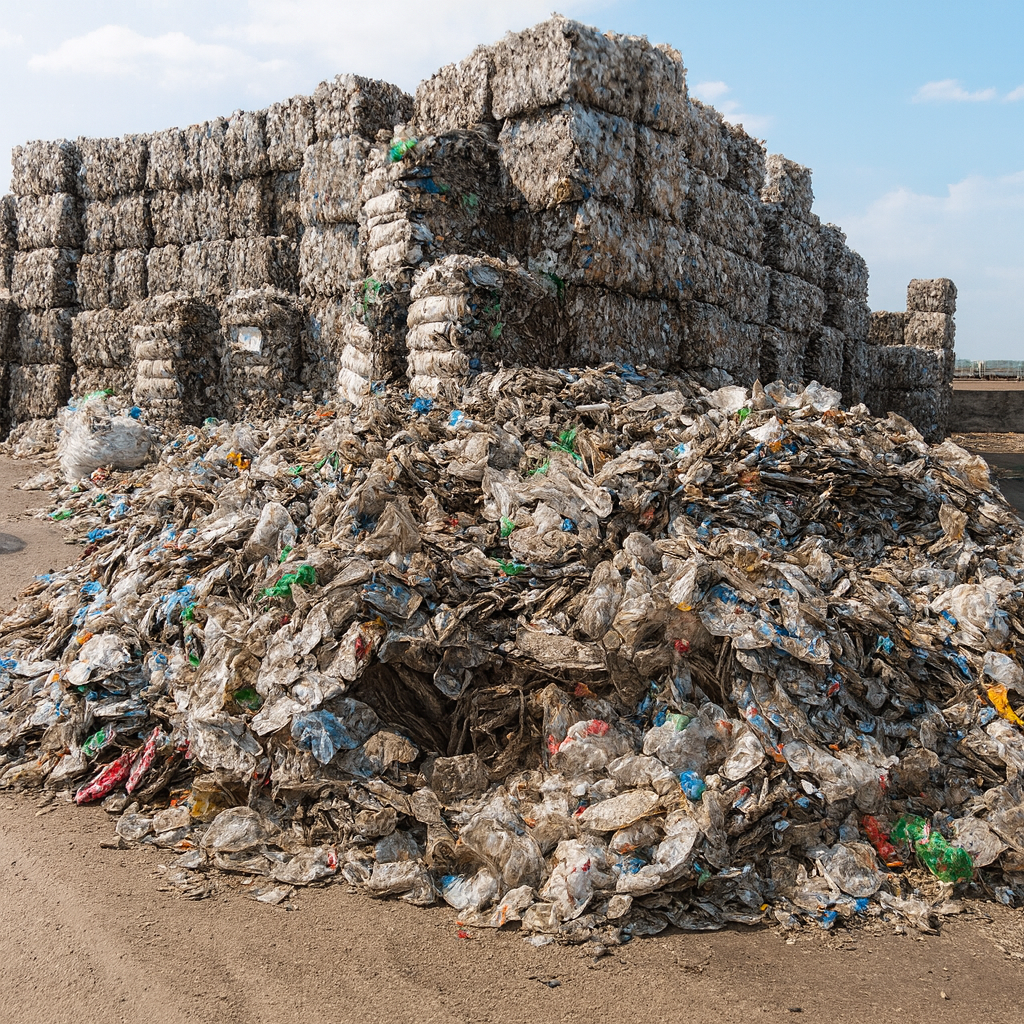Large piles of compacted plastic waste bales stacked outdoors.