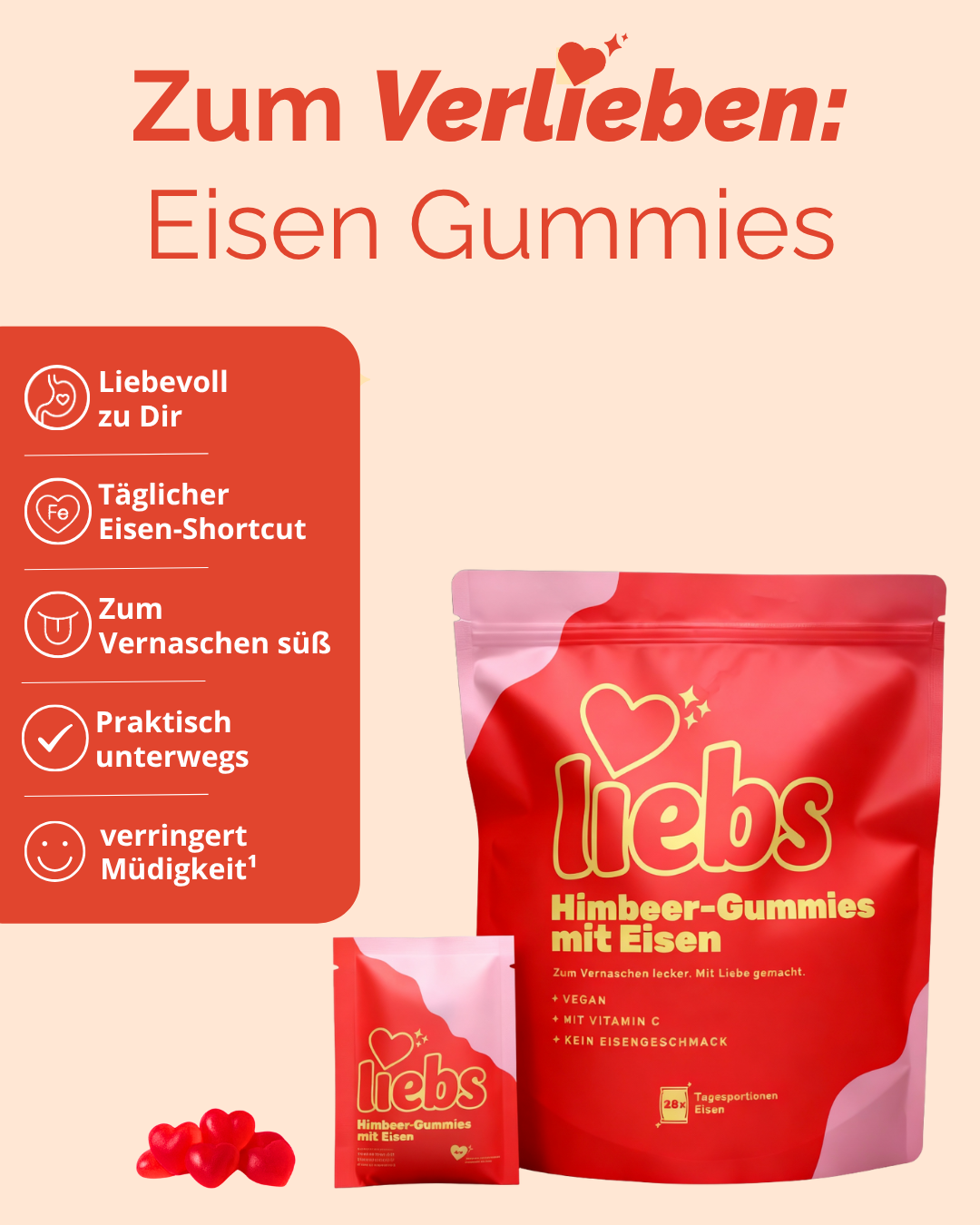 Red packaging of raspberry-flavored iron gummies with text and icons.