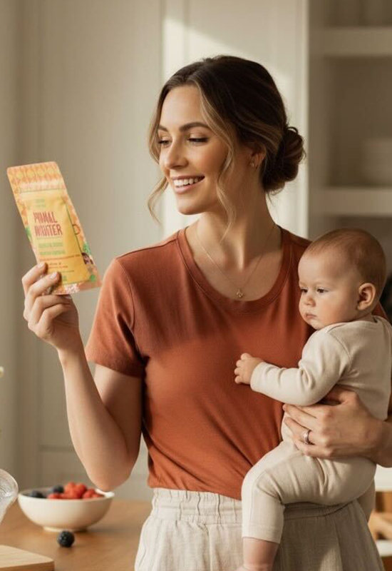 Woman holding a baby and a packet in a kitchen setting.