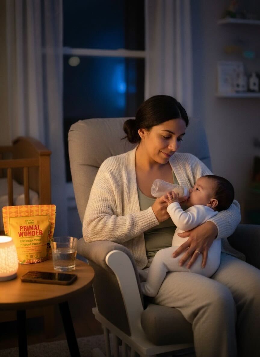 Woman in chair feeding a baby with a bottle, table with items nearby.