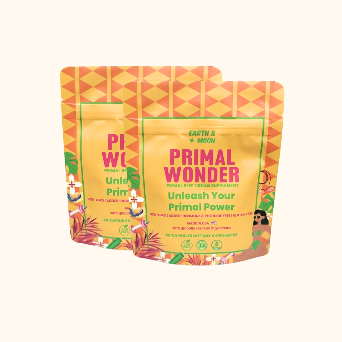 Two colorful supplement packages labeled 'Primal Wonder' with a tropical design.