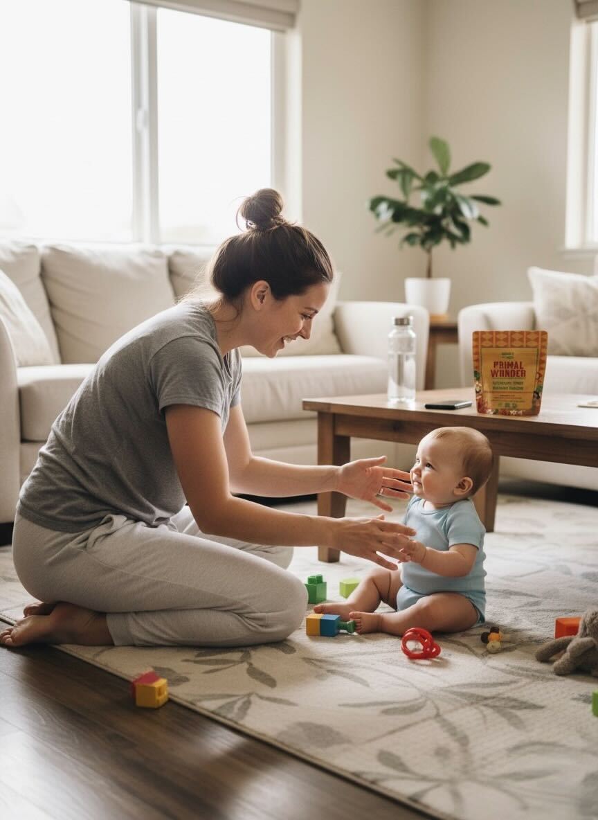 Woman playing with a baby on the floor in a living room.