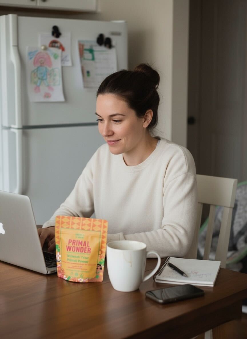 Woman at a table using a laptop, with a notebook and cup.