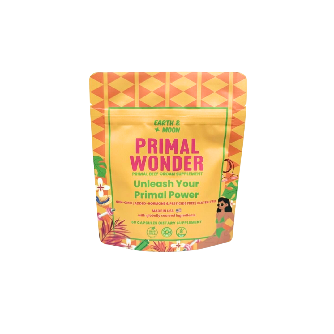 Yellow pouch of Primal Wonder supplement with colorful design.