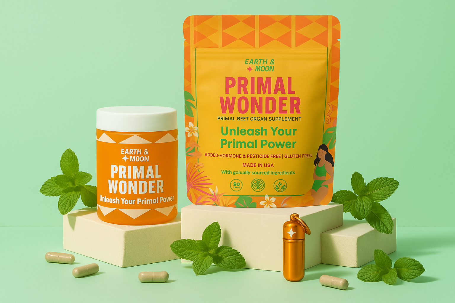 Primal Wonder supplements with mint leaves and capsules on a green background.