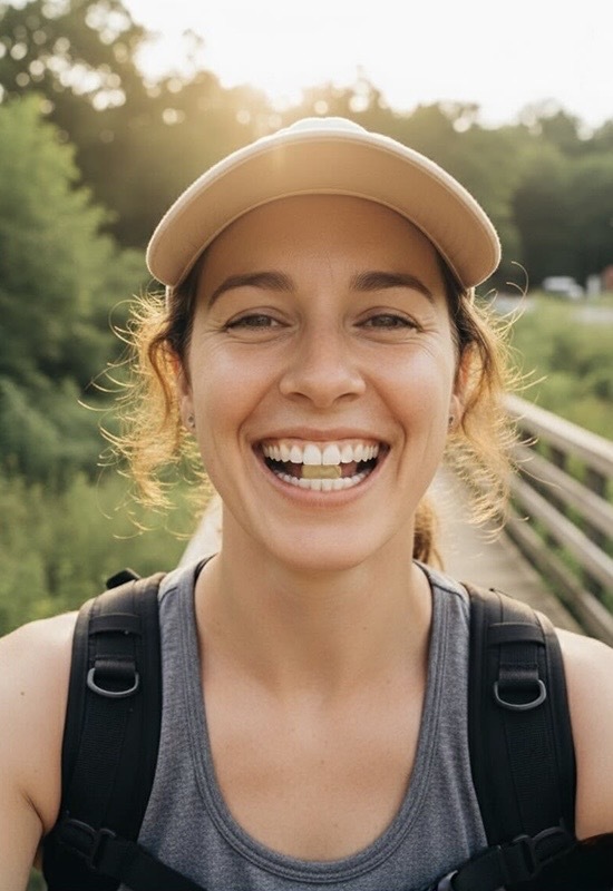 A smiling person in a cap and backpack outdoors.
