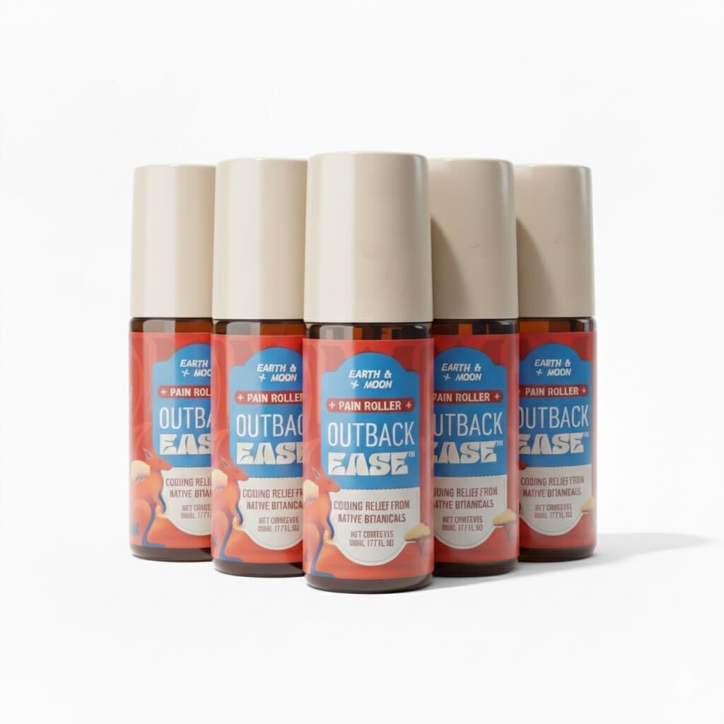 Five bottles of Outback Ease pain roller with beige caps.