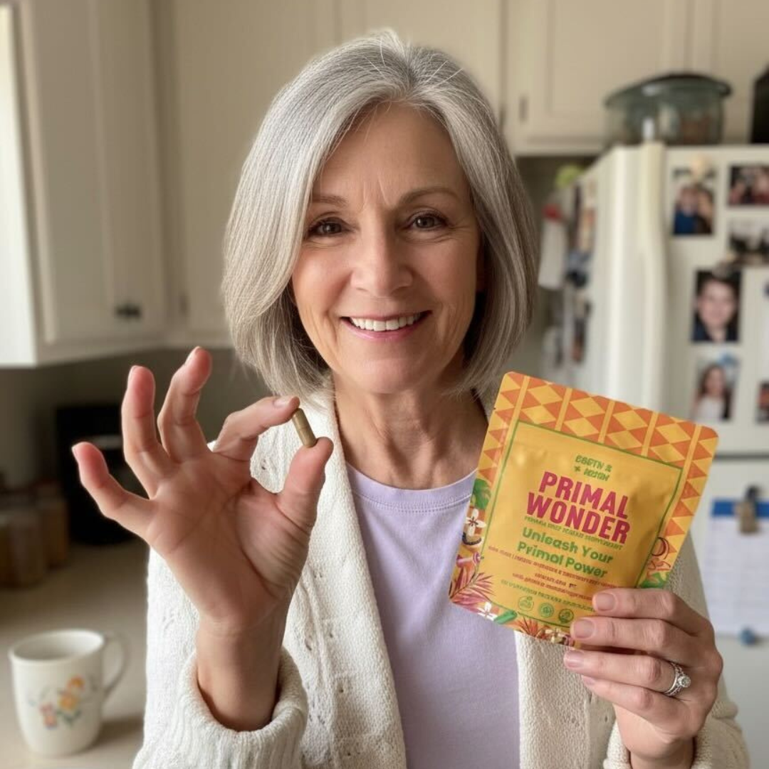 Person holding a packet labeled 'Primal Wonder' and a capsule in a kitchen.