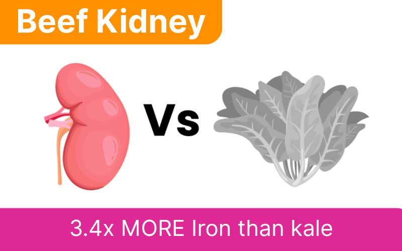 Illustration comparing beef kidney and kale with iron content text.