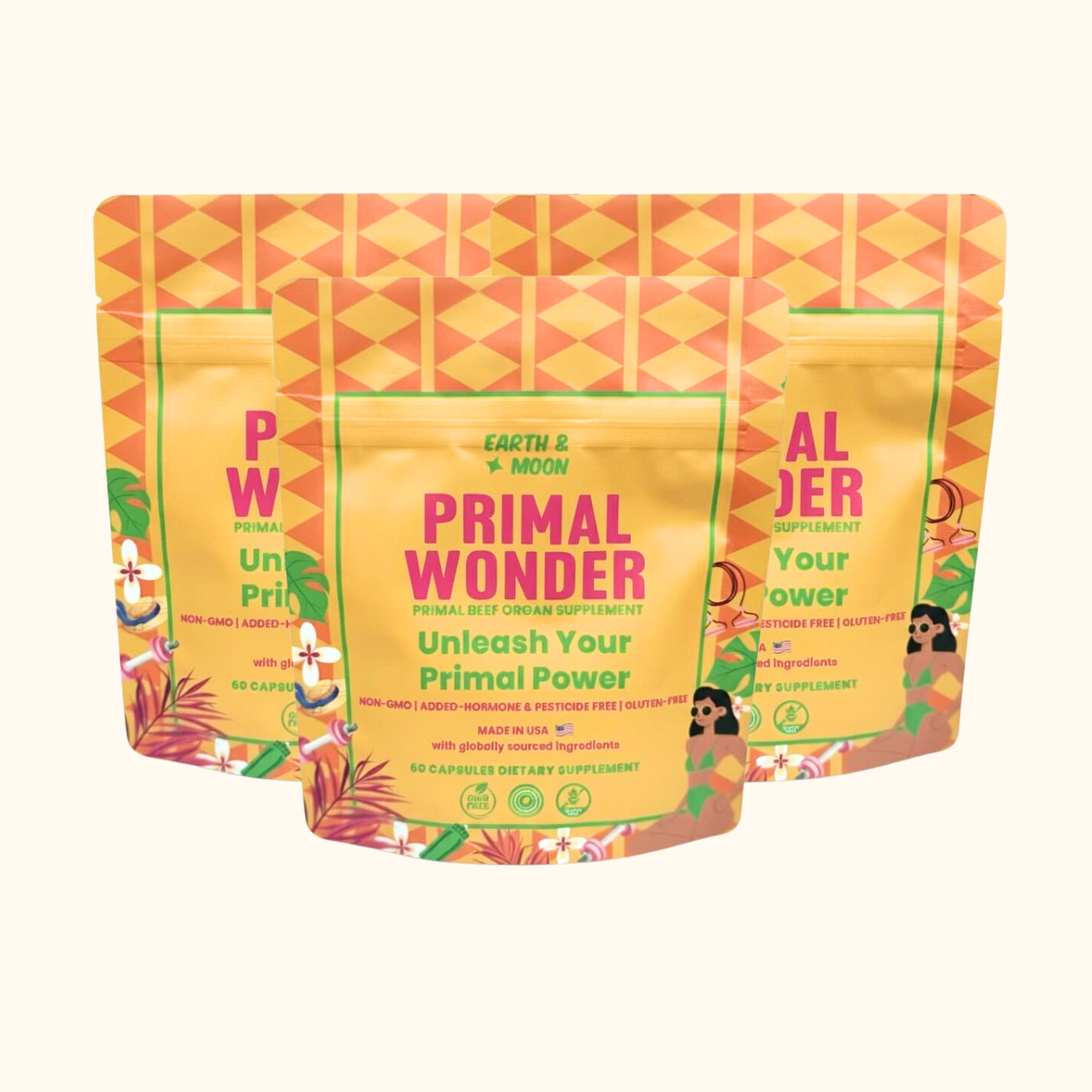 Three packs of 'Primal Wonder' dietary supplement with colorful packaging.