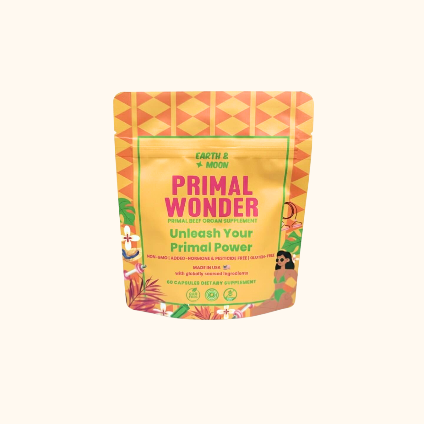 Yellow and orange supplement packaging with 'Primal Wonder' text and decorative patterns.