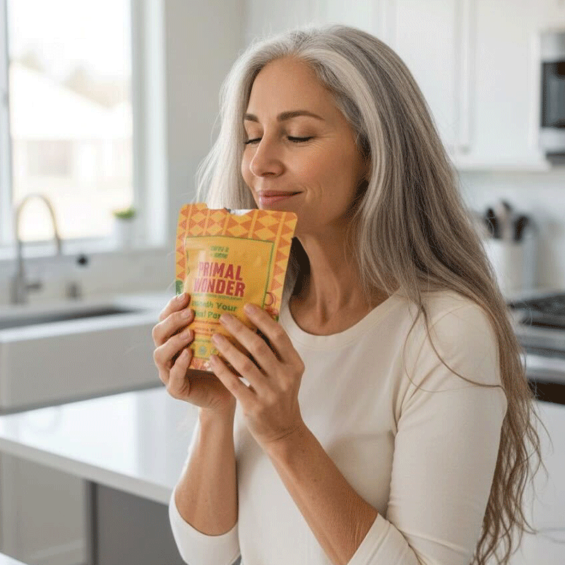 A woman enjoying the aroma of a packaged product in her kitchen.